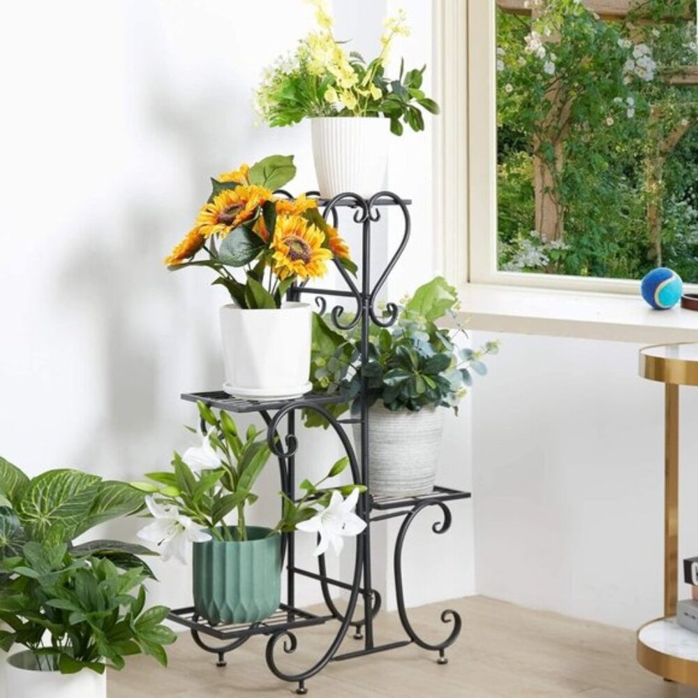 4 Tier Black Metal Plant Stand, Flower Pot Display Rack for Home Garden Decor